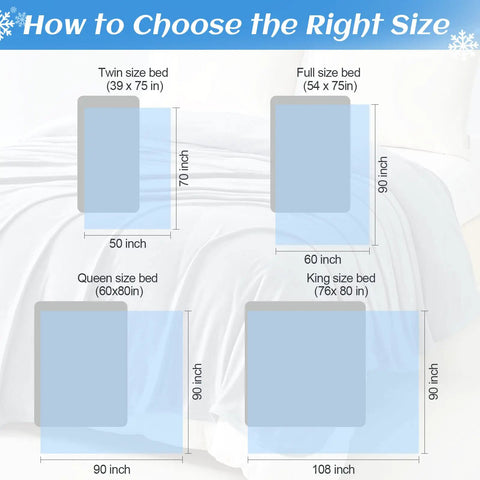Size guide for Upgraded Jade Fiber Cooling Throw Blanket With Q Max 0.5, illustrating dimensions for different bed sizes.