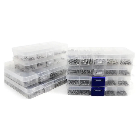 Micro Self Tapping Screw Set 304 Stainless Steel Rust Resistant M1.2 Through M4 Assorted Sizes for Wood and Plastic No Sweat Assembly 380 Piece Hardware Kit in clear storage boxes.