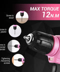 Pink 8V Cordless Drill Kit With Three Eighths Inch Keyless Chuck And Forty Two Accessories Built In LED And Type C Charging Cable Perfect For Light Drilling And Screw Driving At Home And DIY Projects showing max torque and uses.