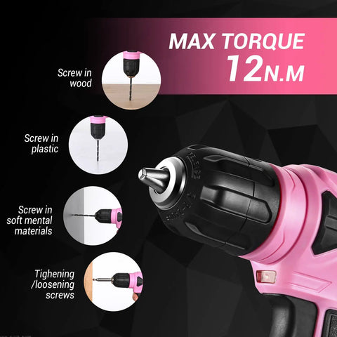 Pink 8V Cordless Drill Kit With Three Eighths Inch Keyless Chuck And Forty Two Accessories Built In LED And Type C Charging Cable Perfect For Light Drilling And Screw Driving At Home And DIY Projects showing max torque and uses.