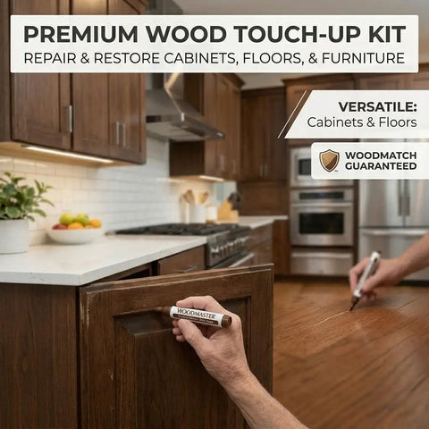 Complete 21 Piece Wood Scratch Repair Kit With Ten Color Touch Up Markers And Wax Filler Sticks For A No Sweat Quick Fix On Hardwood Floors Cabinets Desks Or Bedposts Today being used on wood cabinet.