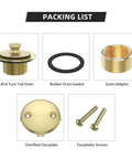 Top Shelf Brushed Gold Bathtub Drain Kit And Overflow Faceplate Built Tough Rust Resistant Metal Fits Standard Pipe Size Zero Hustle Setup Durable Home Bathroom Renovation Must Have packing list of drain parts including tub drain, gasket, adapter, faceplate, and screws.