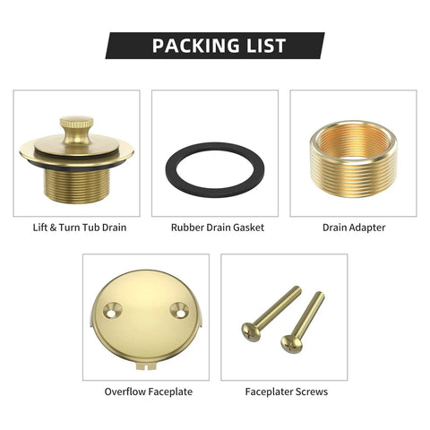 Top Shelf Brushed Gold Bathtub Drain Kit And Overflow Faceplate Built Tough Rust Resistant Metal Fits Standard Pipe Size Zero Hustle Setup Durable Home Bathroom Renovation Must Have packing list of drain parts including tub drain, gasket, adapter, faceplate, and screws.
