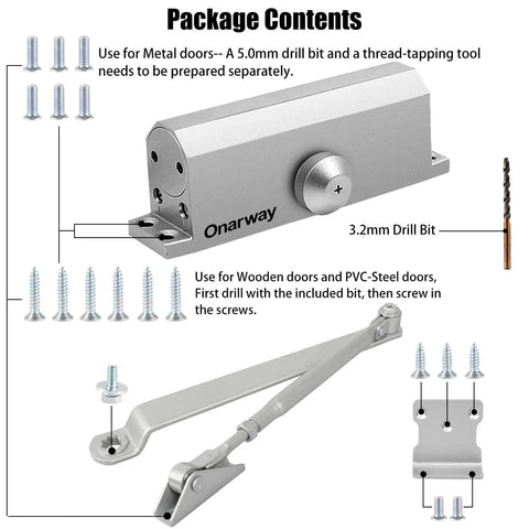 Silent Glide Hydraulic Door Closer Delivers Featherlight Soft Close Every Time, includes screws and drill bits for easy installation.