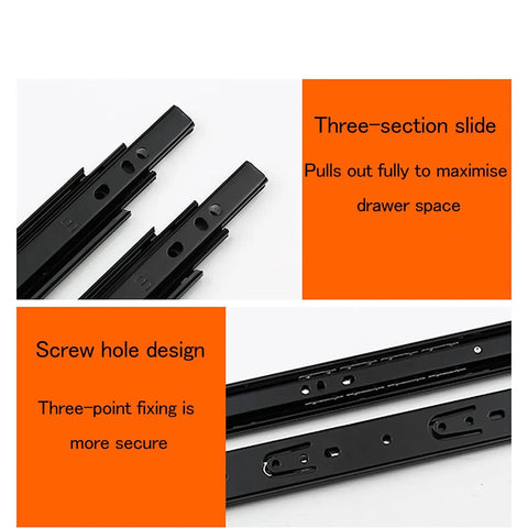 Bulk Thirty Pair Full Extension Ball Bearing Side Mount Cabinet Drawer Slides featuring No Sweat Install and Silky Smooth Glide, black three-section slides.
