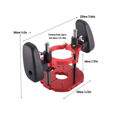 Level Up Your Woodworking Setup With This Heavy Duty Aluminum Router Lift Base Offering Butter Smooth Micrometer Control A Killer 40 Millimeter Stroke And Secure Clamping For Spot On Cuts Every Time. Red aluminum router lift with adjustable clamps and precise measurements.