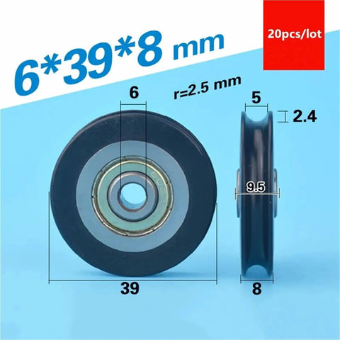 20 Pack U Groove Plastic Coated 608ZZ Bearings featuring Self Lubricating POM Wheels, size 6*39*8 mm for heavy duty applications.