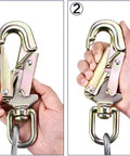 Hand holding swivel snaphook from Pro Grade Arborist Tree Climbing Lanyard Heavy Duty Built To Last With Steel Core Rope Kit.