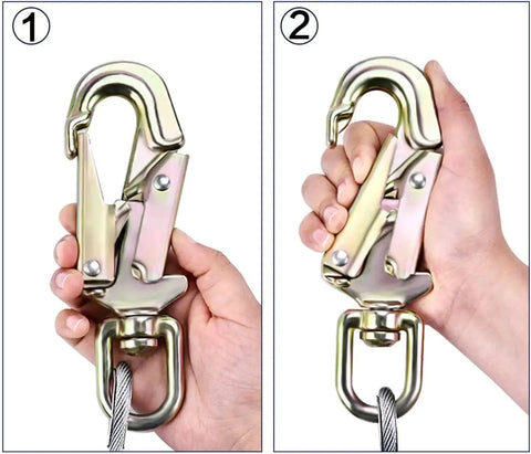 Hand holding swivel snaphook from Pro Grade Arborist Tree Climbing Lanyard Heavy Duty Built To Last With Steel Core Rope Kit.