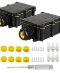 Two Pack Waterproof IP68 Outdoor Junction Box 2 Way Enclosure For Underground Lines Coaxial Cable Connector 5 To 15mm Wire Range Weatherproof Power Cord Box Black with accessories