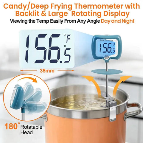 Digital Candy Thermometer With 10 Inch Long Probe And Pot Clip, Rotating Big Display For Candy Making, Instant Read