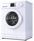 Front view of white washer with door shut, illustrating use with Low Noise Washing Machine Vibration Pads Four Piece Set For All Washers And Dryers No Brainer Slide In Install Reduces Noise And Movement Keeps Laundry Quiet And Machines Last Longer Black Universal Anti Vibration Pads.