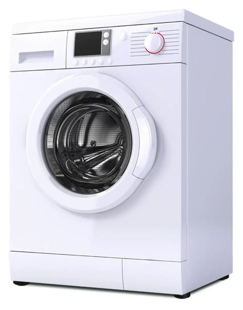 Front view of white washer with door shut, illustrating use with Low Noise Washing Machine Vibration Pads Four Piece Set For All Washers And Dryers No Brainer Slide In Install Reduces Noise And Movement Keeps Laundry Quiet And Machines Last Longer Black Universal Anti Vibration Pads.
