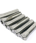 Six Piece R8 Collets Set for CNC Milling 1/8 to 3/4 Inch, Precision Ground Hardened and Ground Mill Chuck Holder Kit, Close Tolerance TIR.0006, Drawbar 7/16-20, Great for Reliable Tooling and Tight Fits displayed in a row
