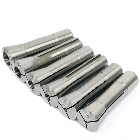 Six Piece R8 Collets Set for CNC Milling 1/8 to 3/4 Inch, Precision Ground Hardened and Ground Mill Chuck Holder Kit, Close Tolerance TIR.0006, Drawbar 7/16-20, Great for Reliable Tooling and Tight Fits displayed in a row