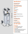 13 Gallon Air Compressor With 2 HP Motor And Oil Free Tank, Ultra Quiet 66dB Operation, Specifications and Dimensions Displayed