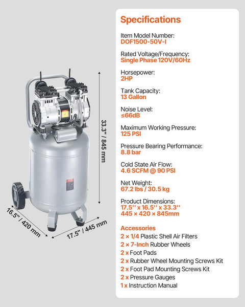 13 Gallon Air Compressor With 2 HP Motor And Oil Free Tank, Ultra Quiet 66dB Operation, Specifications and Dimensions Displayed