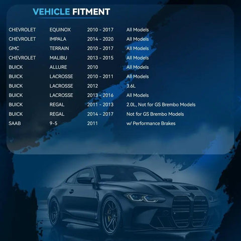 Vehicle fitment chart for Beefed Up Front Brake Kit With 12.64 Inch Drilled Slotted Rotors And Ceramic Pads For Chevy Impala etc.
