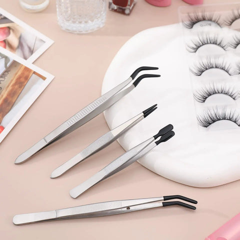 4 Piece Rubber Coated Tweezers Set With Straight Point Flat Tip And Long Bent Tips For Crafts on tabletop with eyelashes