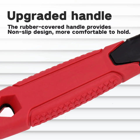 Close-up of red silicone non-slip grip handle of Vinyl Siding Removal Tool With Extra Long Handle And Curved Tip Non Slip Grip For Easy Fast Installation And Removal Keeps Siding Safe While You Work No Fuss Home Repairs And Siding Replacement.