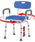 Premium Blue 360 Degree Swivel Bathroom Shower Chair With Back Rest Pivoting Bath Bench with arrows showing swivel and adjustable height