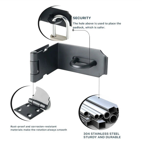 Four Inch Stainless Steel Barn Door Bolt With Ninety Degree Hook Latch And Right Angle Gate Lock for secure outdoor use.