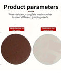 Product parameters for Premium 10 Pc 4 Inch Sanding Discs Set showing front and reverse side details for various grinding needs.