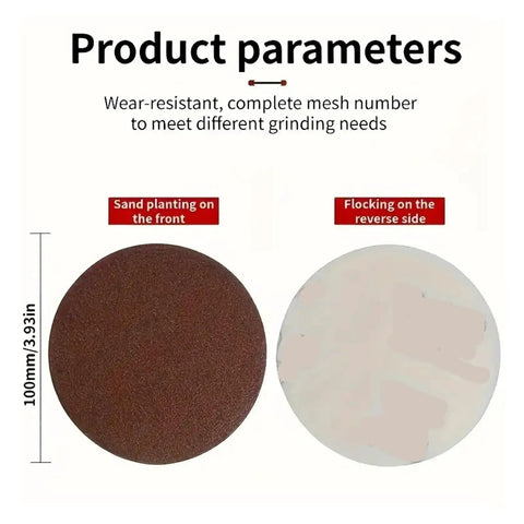Product parameters for Premium 10 Pc 4 Inch Sanding Discs Set showing front and reverse side details for various grinding needs.