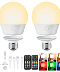 Set of two LED bulbs with remotes and accessories, featuring color-changing options and warm white light glow.