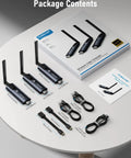 Wireless HDMI Transmitter And Receiver Kit with aluminum alloy body displayed on a table, includes 1TX, 2RX, cables, and manual