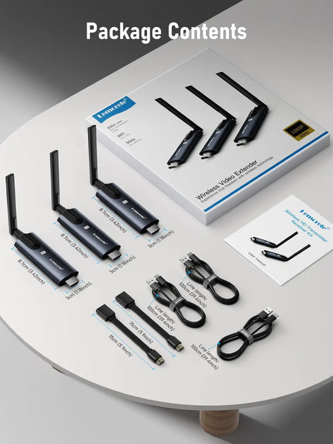 Wireless HDMI Transmitter And Receiver Kit with aluminum alloy body displayed on a table, includes 1TX, 2RX, cables, and manual