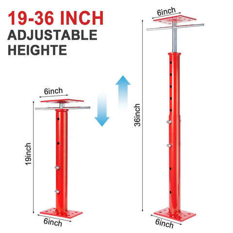Heavy Duty Steel Crawl Space Jacks 4 Pack Adjustable Leveling Posts 19 To 36 Inches shown in red, highlighting adjustable height feature.