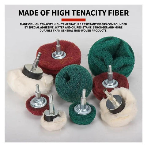 10 Piece Nonwoven Abrasive Buffing Wheel Set with One Quarter Inch Shank featuring dome mop pads and flap wheels