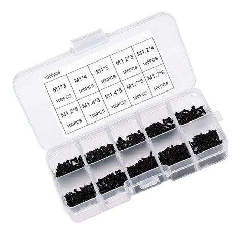Knockout 1000 Piece Self Tapping Screw Assortment Kit With Tough Carbon Steel Phillips Pan Head Mini Fasteners in organized box.