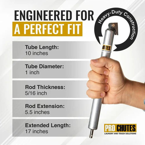 Rugged Heavy Duty 10 Inch Retracted Hydraulic Door Closer Cylinder for Trash Chute Doors with dimensions and hand holding it.