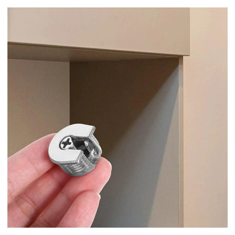 Close-up of Cam Lock Pins Kit 10 Pcs Furniture Connecting Brackets for Cabinets and Wardrobes in hand.