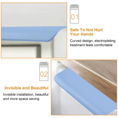 Close-up of Blue 150mm Finger Edge Pull 4 Pack Concealed Drawer Handles with smooth electroplated surface on cabinet.