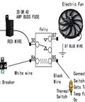Diagram showing wiring instructions for Heavy Duty 12 Inch Electric Radiator Fan In Black with relay kit and thermostat.