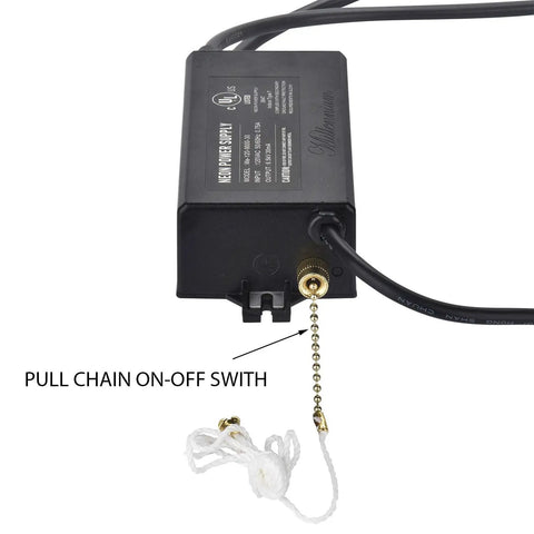 6.5kV Neon Sign Transformer For Glass Neon Art, 120V AC Power Supply, 50/60Hz, 30mA Output, UL Listed, Pull Chain On Off Switch