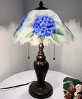 Hand Painted Hydrangea Glass Table Lamp With Metal Base In Blue, Two E26 Bulbs Not Included, 13 Inches Wide By 19 Inches Tall