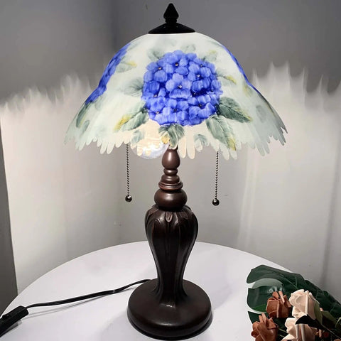 Hand Painted Hydrangea Glass Table Lamp With Metal Base In Blue, Two E26 Bulbs Not Included, 13 Inches Wide By 19 Inches Tall