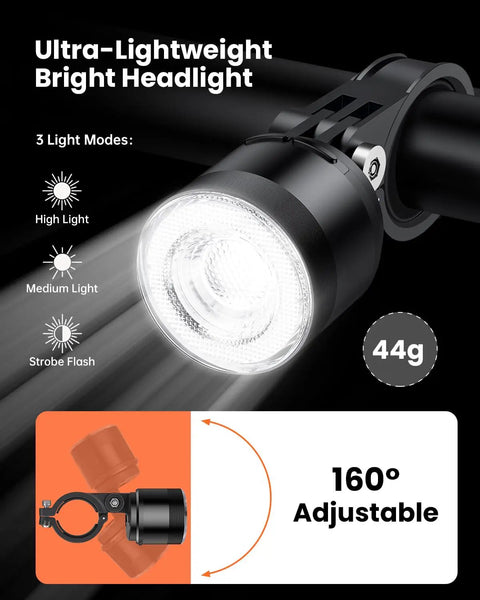 Wireless Remote Bike Light Set With Front Headlight And Rear Taillight, adjustable headlight, 160° swivel, 44g, 3 modes