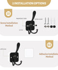 Wall Mounted Metal 3 Prong Coat Hooks Set With Self Adhesive And Screw Mount Dual Installation Options For Door Or Wall Black Finish 4 Pack DIY Friendly Entryway Hanger Hooks
