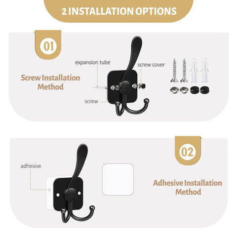 Wall Mounted Metal 3 Prong Coat Hooks Set With Self Adhesive And Screw Mount Dual Installation Options For Door Or Wall Black Finish 4 Pack DIY Friendly Entryway Hanger Hooks