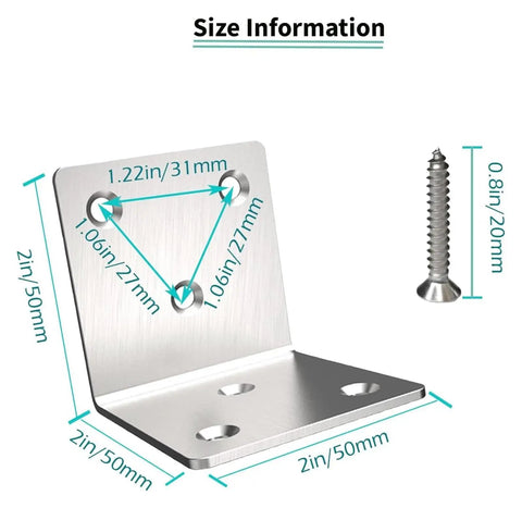Heavy Duty Stainless Steel Corner Brackets Providing Bulletproof L Shape Reinforcement For Sturdy Home Shelves And Furniture Projects No Hassle Quick Install with size details.