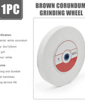 Heavy Duty Benchtop Grinding Wheel 5 Inch 100 Grit White Corundum Shop Ready Workhorse For Chipping Through Alloy Steel And Hardened Metals Without Breaking A Sweat, showing side view of white corundum wheel.
