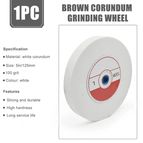 Heavy Duty Benchtop Grinding Wheel 5 Inch 100 Grit White Corundum Shop Ready Workhorse For Chipping Through Alloy Steel And Hardened Metals Without Breaking A Sweat, showing side view of white corundum wheel.