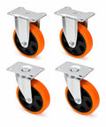 Badass Heavy Duty Four Inch Caster Wheels Set Of Four with orange polyurethane tires for shop rigs and mobile tool carts.
