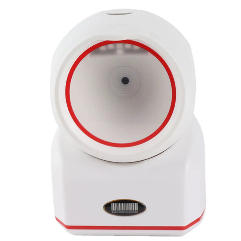 Front view of Super Tough USB 2D 1D Barcode Scanner made from rugged ABS for heavy-duty retail with omnidirectional scanning.