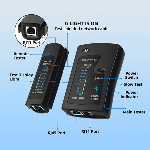 RJ45 RJ11 Ethernet Cable Tester For CAT5e To CAT7, portable main unit with LED indicators and detachable remote